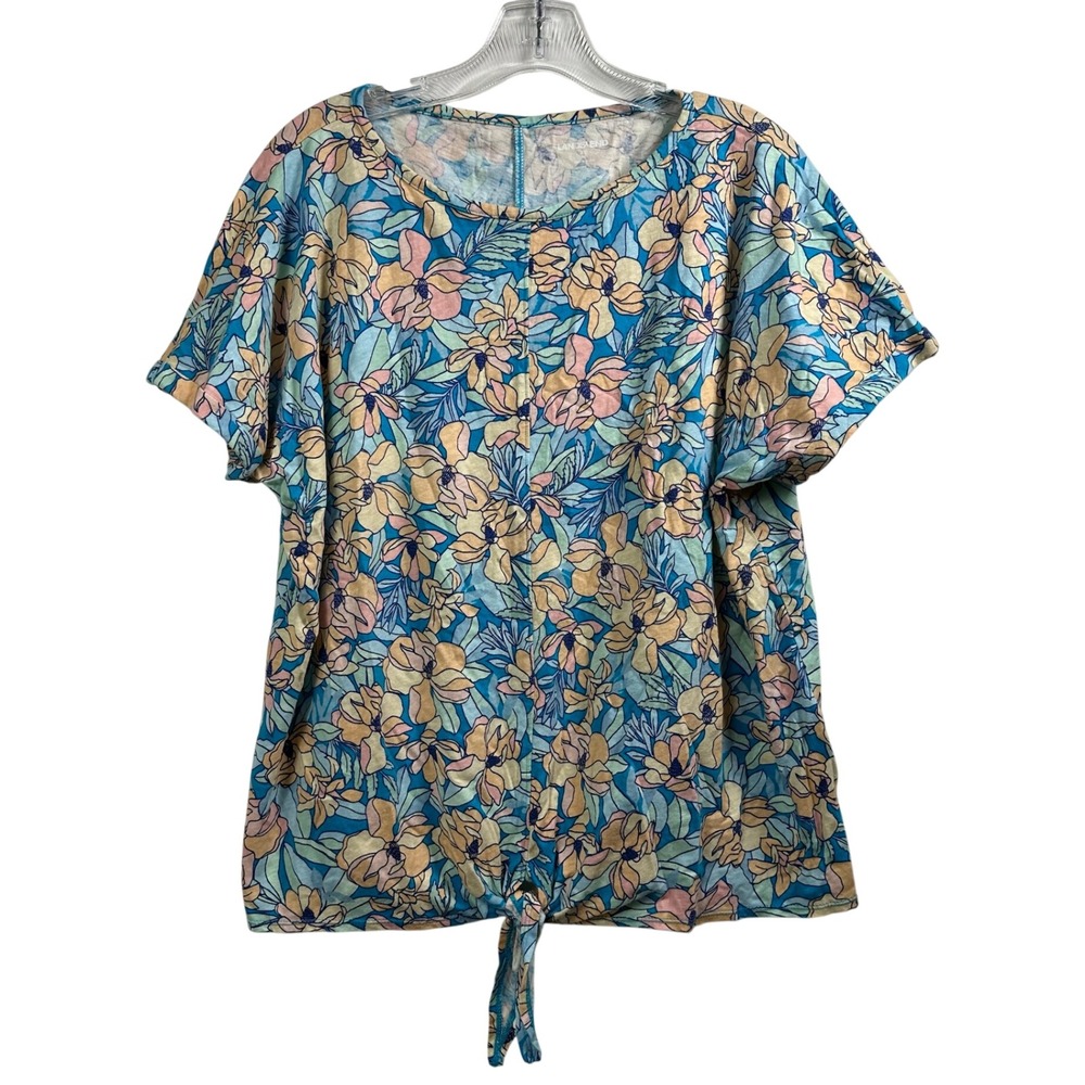 Lands End Womens XL Blue Floral Linen Cotton Tie Front Short Sleeve Top